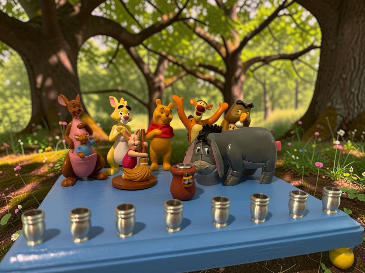 Winnie the Pooh menorah under a tree, front view
