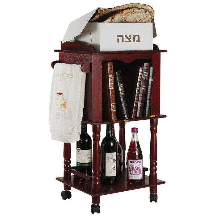 Tiered wooden matzah stand with book slots and side towel rod