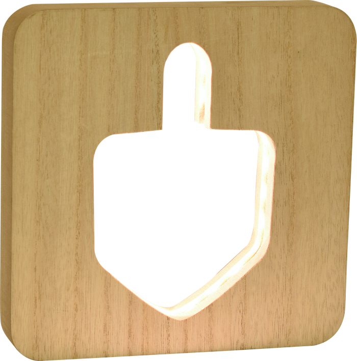 Wooden LED dreidel Chanukah tabletop decoration glowing with warm light