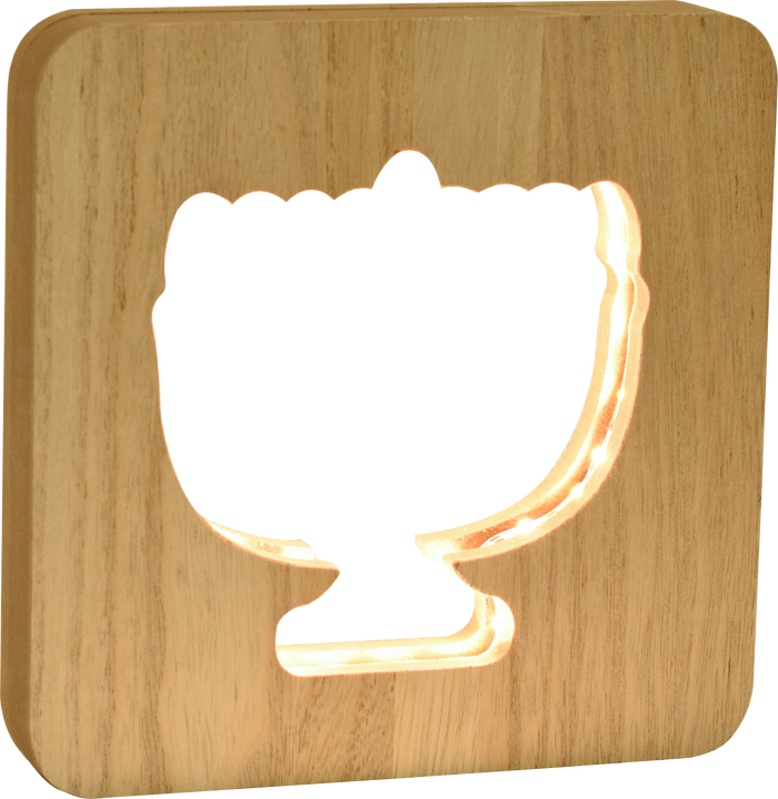Wooden LED menorah Chanukah decoration glowing with warm light