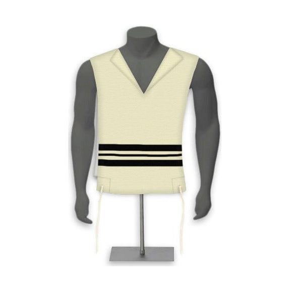 Wool kids tzitzis, sizes 8-16, cream with black stripes, shown on a mannequin