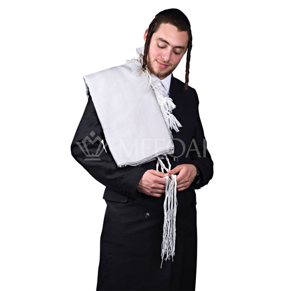 Deluxe wool tallis with white stripes, front view