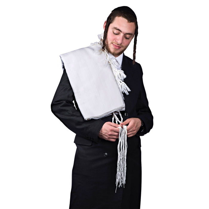 Deluxe wool tallis with white stripes, front view