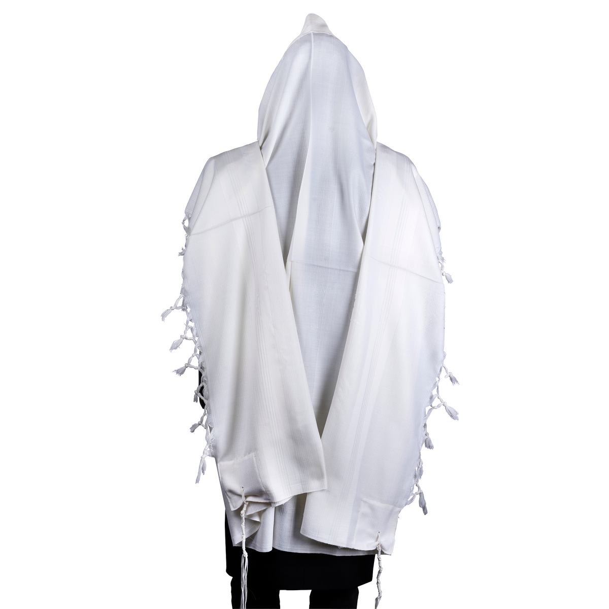 Wool Tallis Sephardic Style — Deluxe — White Stripes — Thick Tzitzis — back view