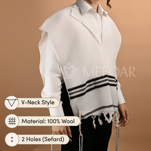 Front view of wool V-neck two-hole tzitzis with fringed edges