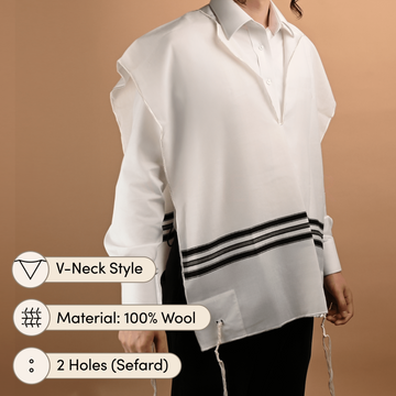 Wool Tzitzis with Black Stripes – V-Neck, 2-Hole