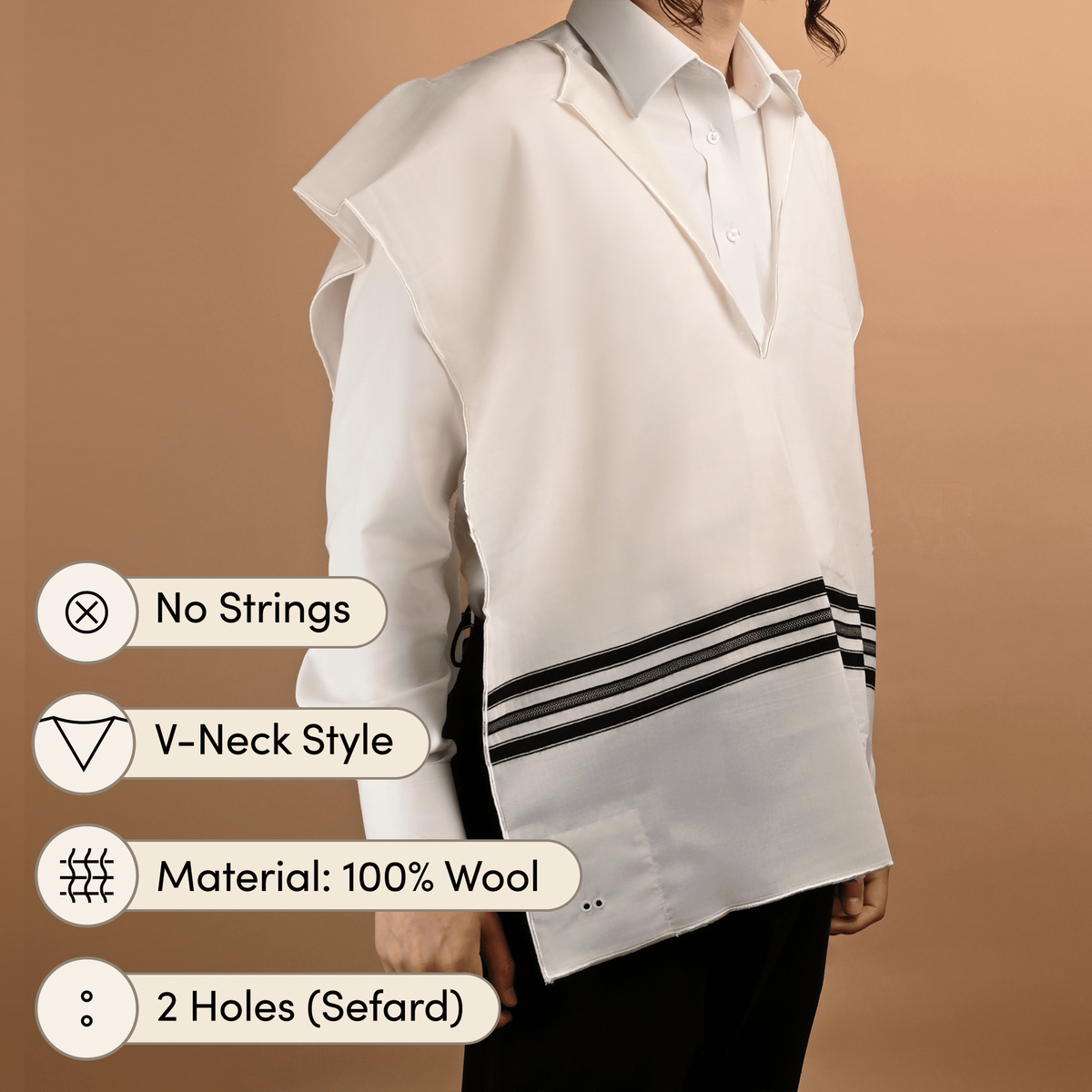 Wool Tzitzis with Black Stripes – V-Neck, 2-Hole — garment without strings