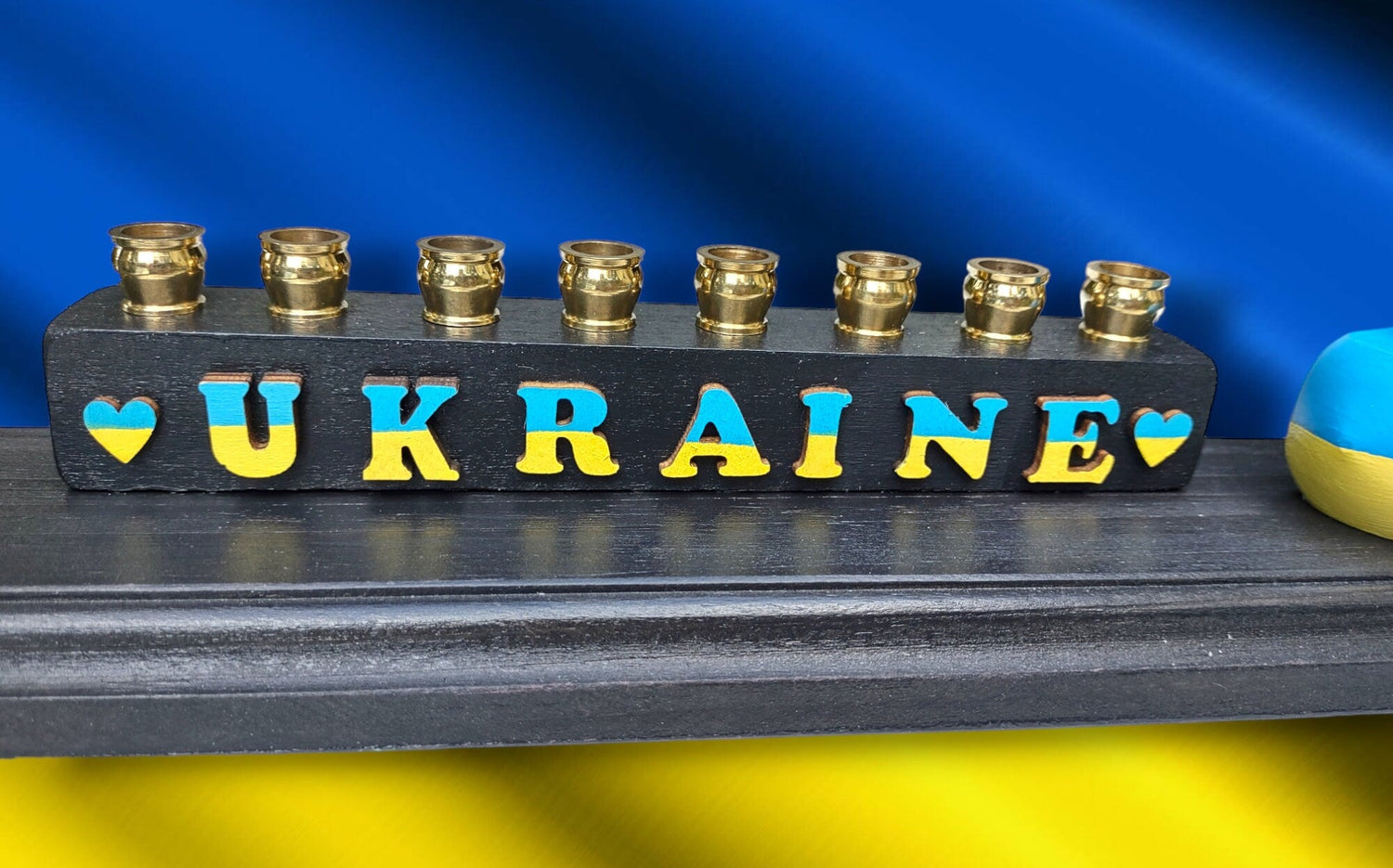 Stand With Ukraine Menorah — Zelensky figure with blue and yellow wood letters | Judaica Square Lakewood (view 6)