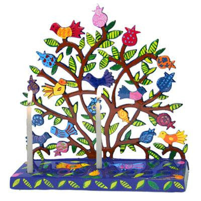 Yair Emanuel hand painted laser cut menorah with birds on a pomegranate tree