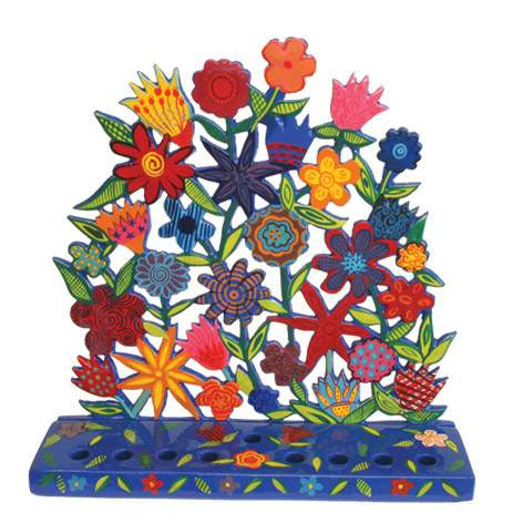 Yair Emanuel hand painted laser cut menorah with a bouquet of flowers