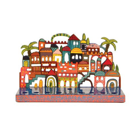 Yair Emanuel laser cut menorah with a hand painted Jerusalem skyline