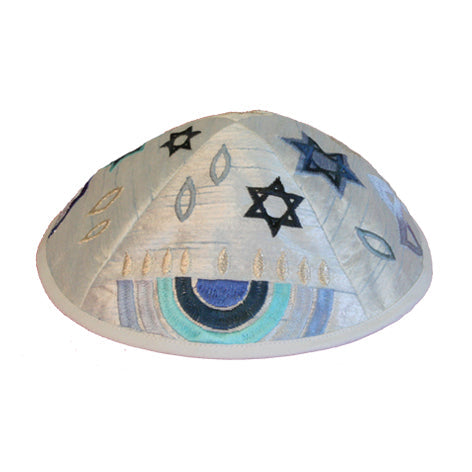 Yair Emanuel kippah embroidered with a blue menorah and Stars of David
