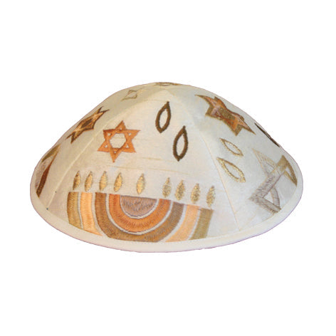 Yair Emanuel kippah embroidered with a gold menorah and Stars of David