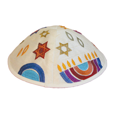 Yair Emanuel kippah embroidered with a multicolor menorah and Stars of David