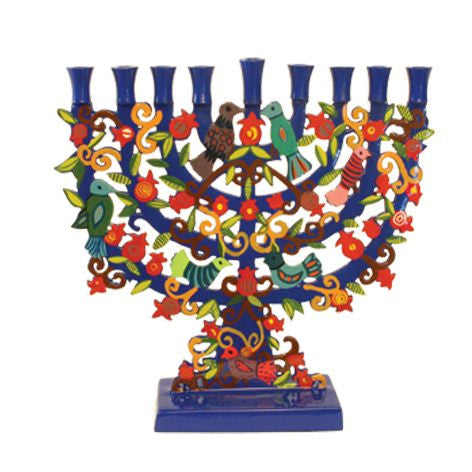 Yair Emanuel blue laser cut standing menorah with birds and pomegranates