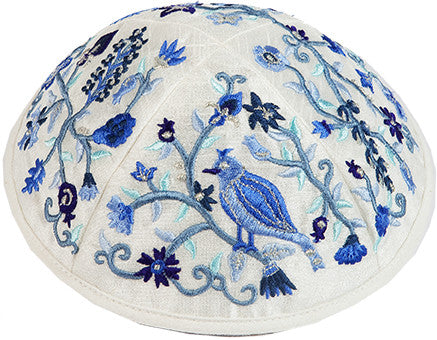 Emanuel Embroidered Kippah Bird-Flowers Blue