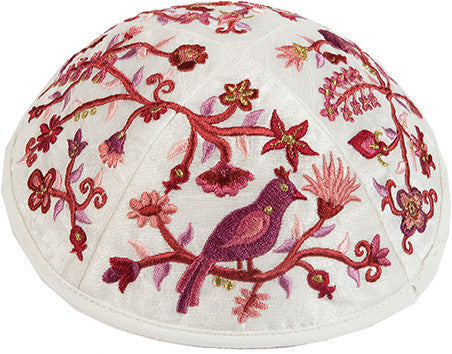 Emanuel Embroidered Kippah Bird-Flowers Pink