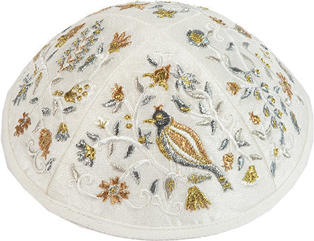 Emanuel Embroidered Kippah Bird-Flowers Gold/Silver