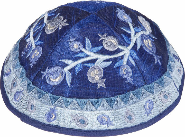 Emanuel Embroidered Kippah, Pomegranates-- Blue